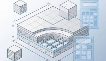 Concrete slab measurement tools with calculator and construction planning visuals