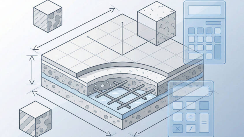 Concrete slab measurement tools with calculator and construction planning visuals